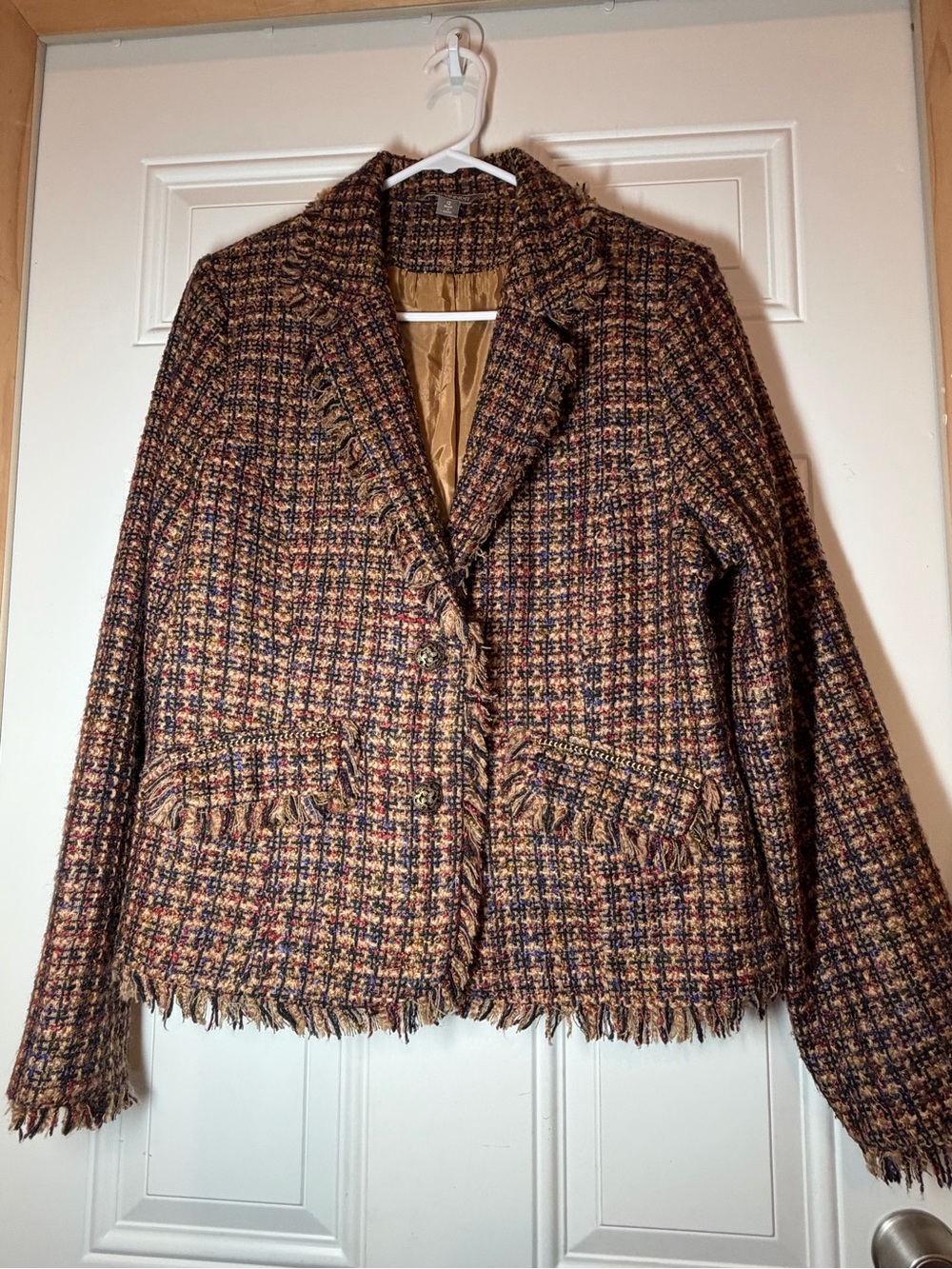 Womens Multi-Color Tweed Fringe Blazer Jacket with muted gold embellishments